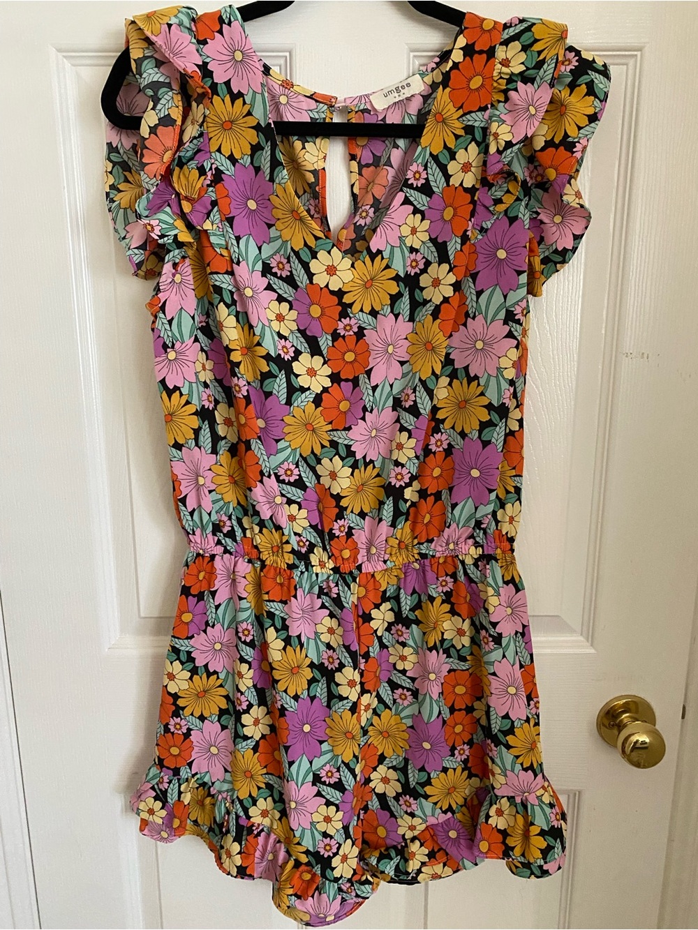 Umgee Floral Romper in Black with Pink, Orange & Yellow Flowers